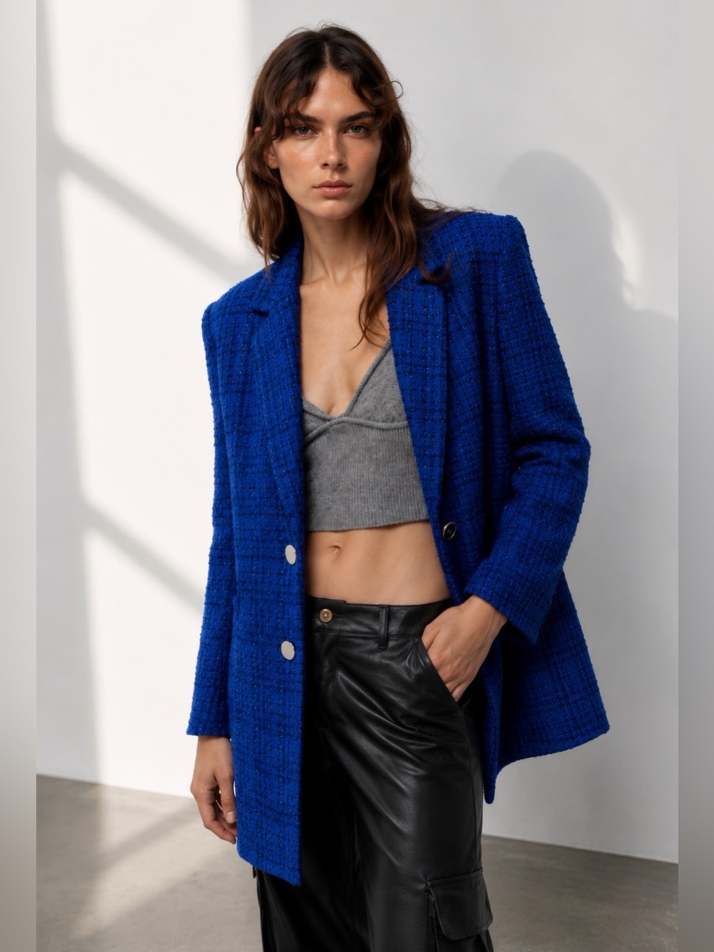 Zara Blue Textured Long Blazer Jacket Size S